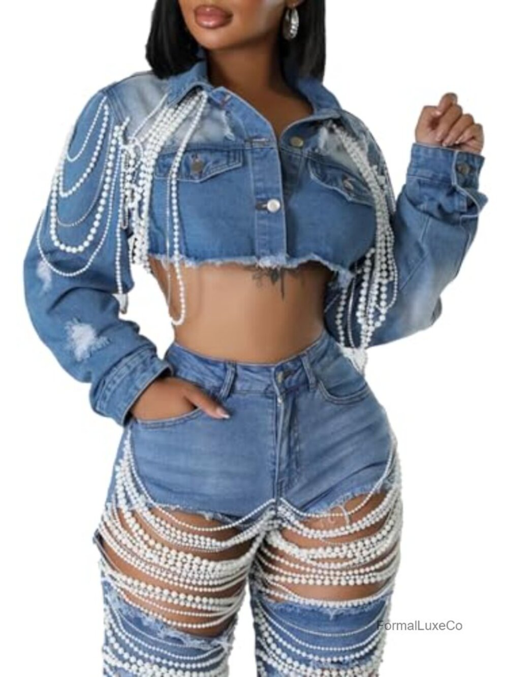 Cropped Denim Jacket Pearl Distressed Button Down Jean Coat